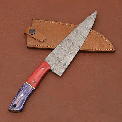 Handcrafted Damascus Steel Chef Fillet Knife  Wood Handle  Sheath Set 3