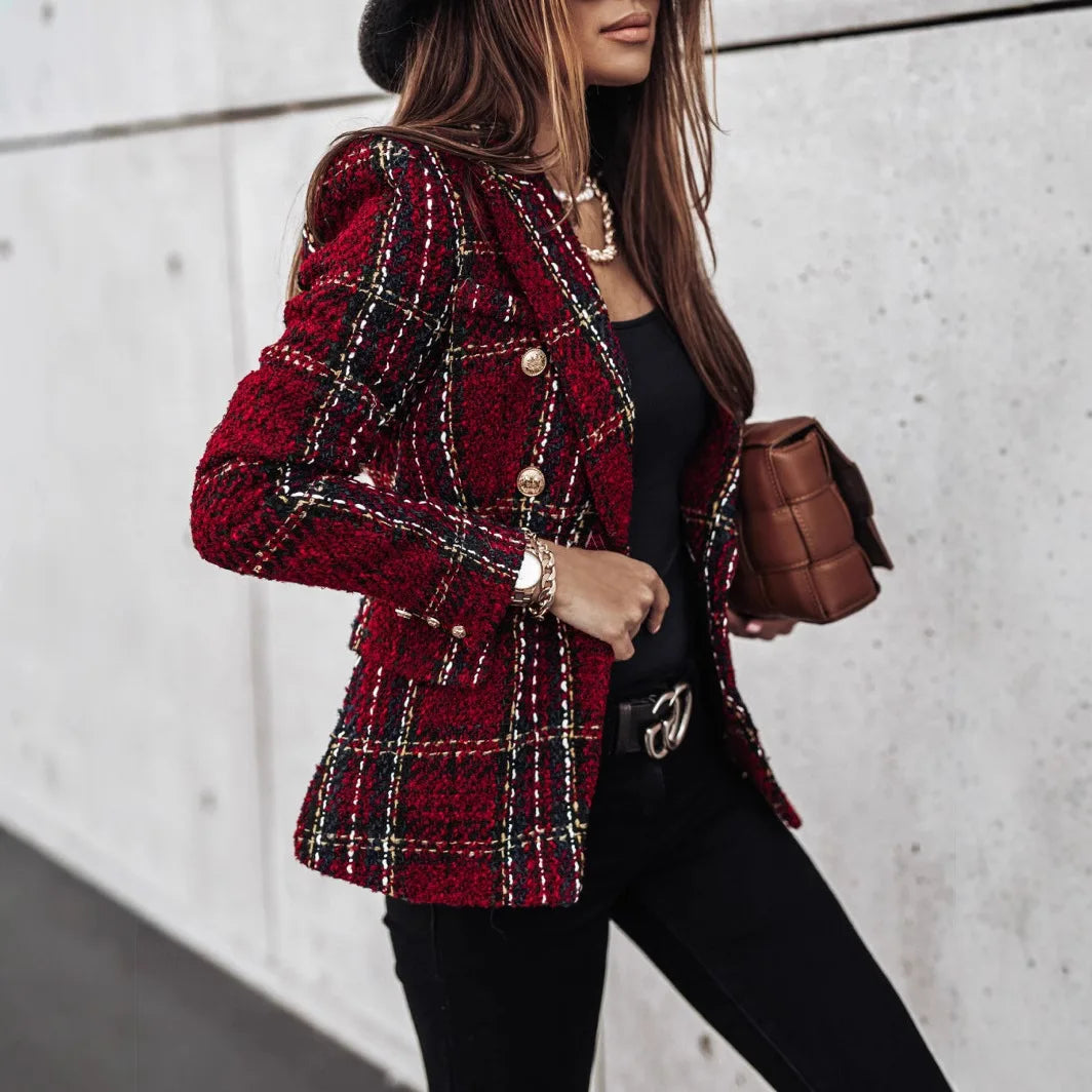 Women's Printed Suit Jacket, Autumn Winter New Style, Long Sleeve Double Button Blazer, Regular Fit Polyester Fiber