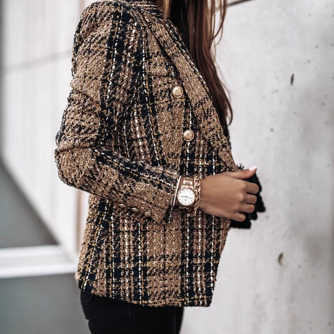 Women's Printed Suit Jacket, Autumn Winter New Style, Long Sleeve Double Button Blazer, Regular Fit Polyester Fiber