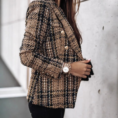 Women's Printed Suit Jacket, Autumn Winter New Style, Long Sleeve Double Button Blazer, Regular Fit Polyester Fiber