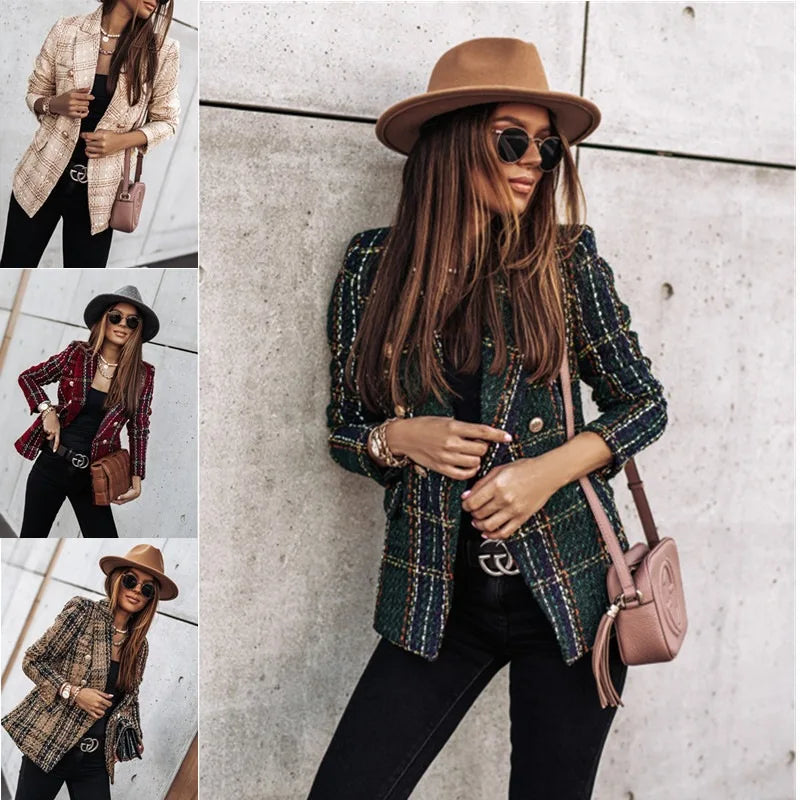 Women's Printed Suit Jacket, Autumn Winter New Style, Long Sleeve Double Button Blazer, Regular Fit Polyester Fiber