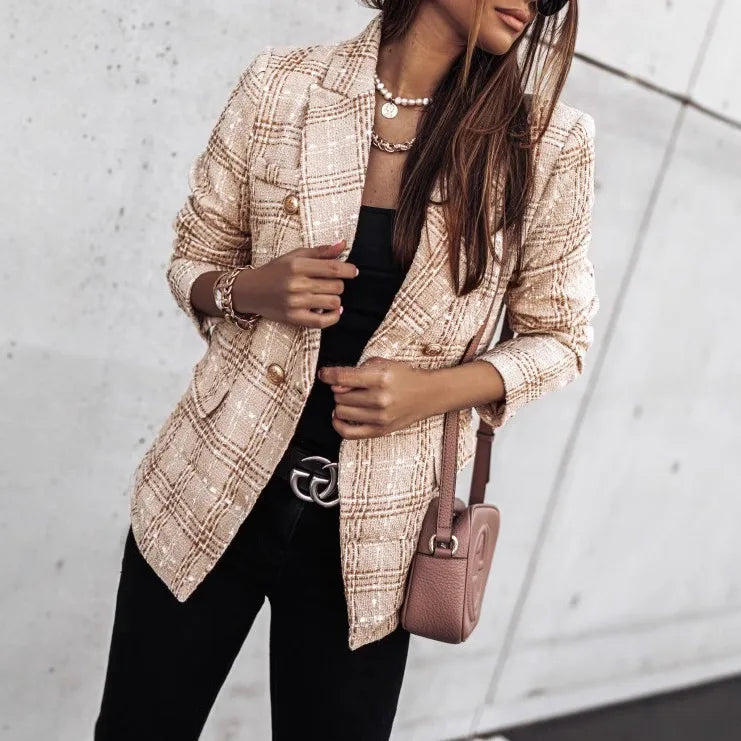 Women's Printed Suit Jacket, Autumn Winter New Style, Long Sleeve Double Button Blazer, Regular Fit Polyester Fiber