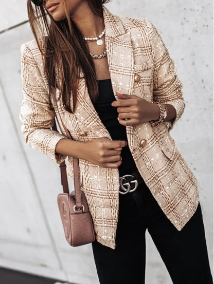 Women's Printed Suit Jacket, Autumn Winter New Style, Long Sleeve Double Button Blazer, Regular Fit Polyester Fiber
