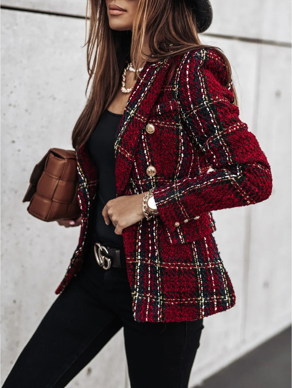 Women's Printed Suit Jacket, Autumn Winter New Style, Long Sleeve Double Button Blazer, Regular Fit Polyester Fiber