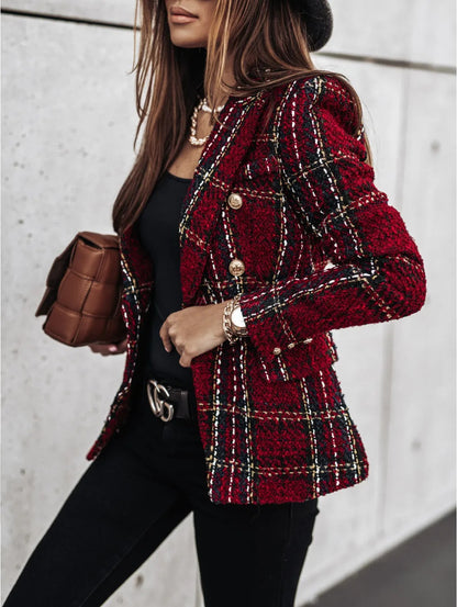 Women's Printed Suit Jacket, Autumn Winter New Style, Long Sleeve Double Button Blazer, Regular Fit Polyester Fiber
