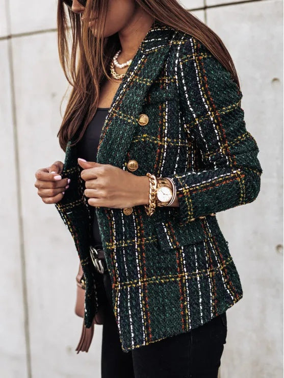 Women's Printed Suit Jacket, Autumn Winter New Style, Long Sleeve Double Button Blazer, Regular Fit Polyester Fiber