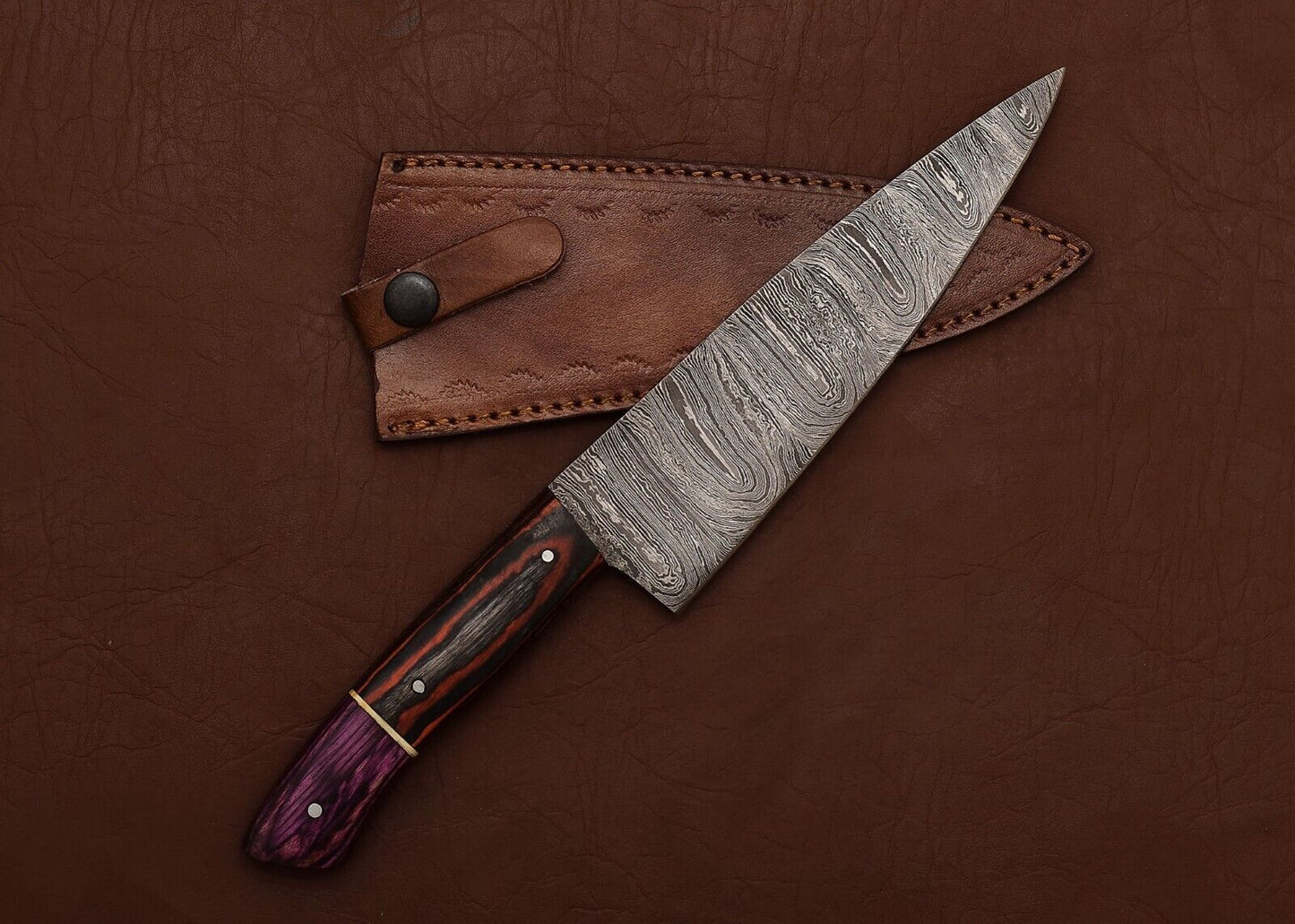Handmade Damascus Chef Knife  Outdoor  Kitchen Fillet Blade With Leather Sheath 1