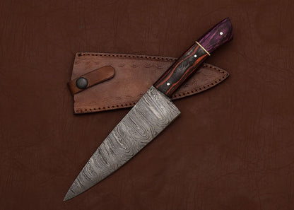 Handmade Damascus Chef Knife  Outdoor  Kitchen Fillet Blade With Leather Sheath 2