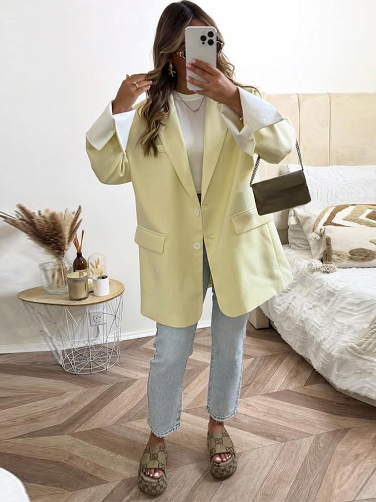 Elegant Womens Blazer Coat, Long Sleeve Single Breasted Jacket with Flap Pockets, Shoulder Pad, Autumn Office Lady