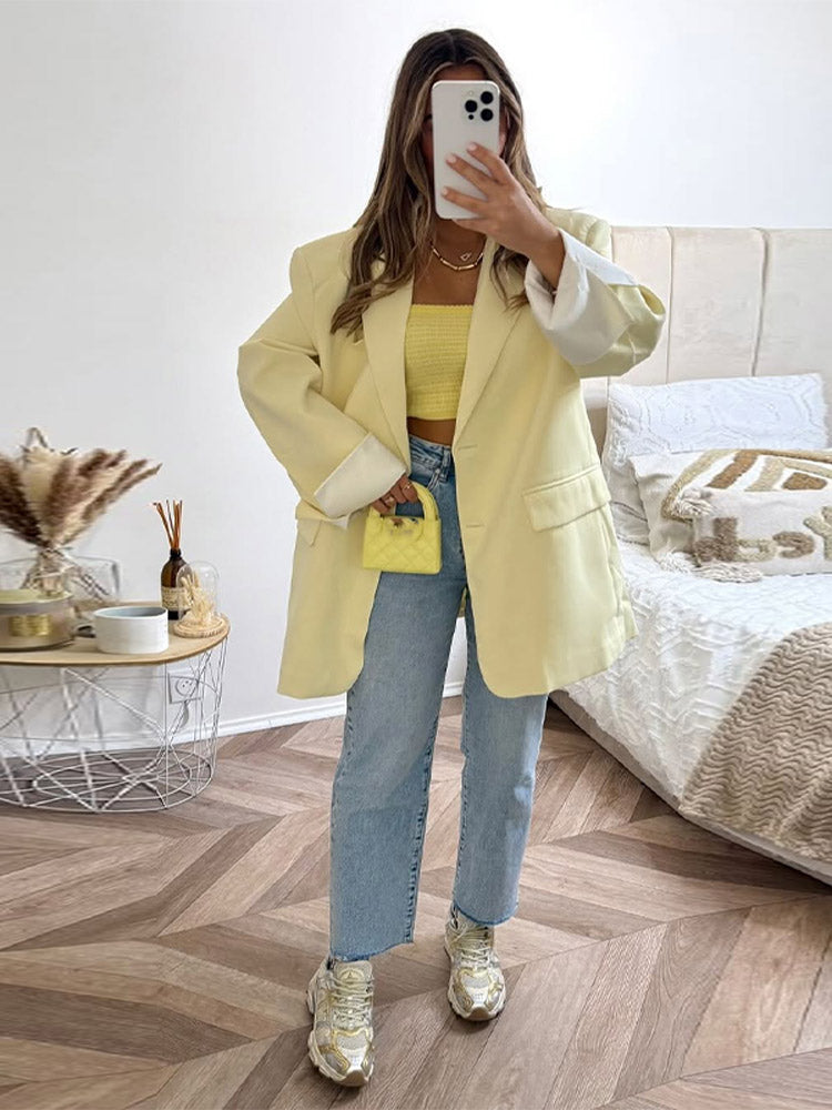 Elegant Womens Blazer Coat Long Sleeve Single Breasted Jacket With Flap Pockets Shoulder Pad Autumn 1