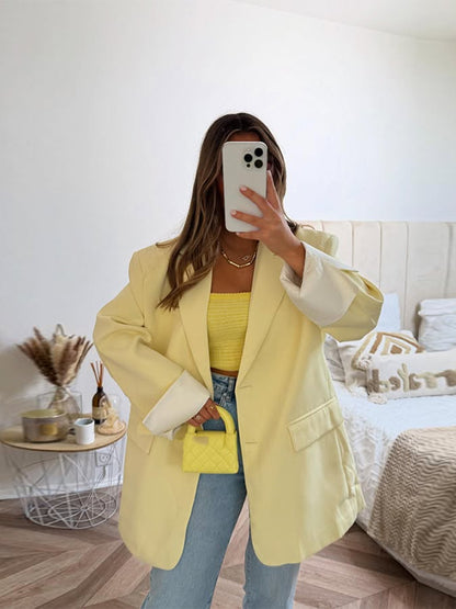 Elegant Womens Blazer Coat Long Sleeve Single Breasted Jacket With Flap Pockets Shoulder Pad Autumn 3