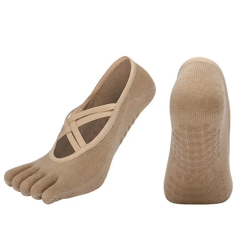 Womens Five-Finger Yoga Socks, Breathable Backless Pilates Socks with Anti-Slip Silicone Sole