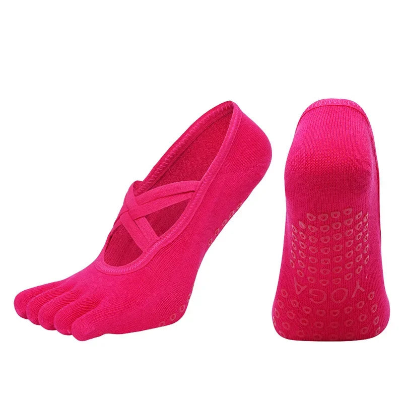 Womens Five-Finger Yoga Socks, Breathable Backless Pilates Socks with Anti-Slip Silicone Sole