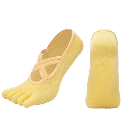 Womens Five-Finger Yoga Socks, Breathable Backless Pilates Socks with Anti-Slip Silicone Sole