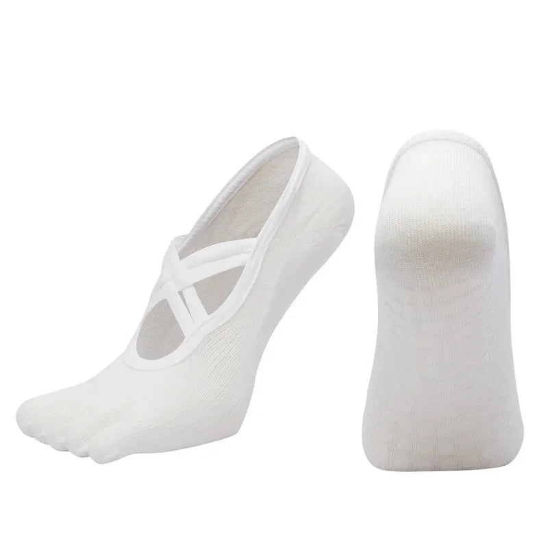 Womens Five-Finger Yoga Socks, Breathable Backless Pilates Socks with Anti-Slip Silicone Sole