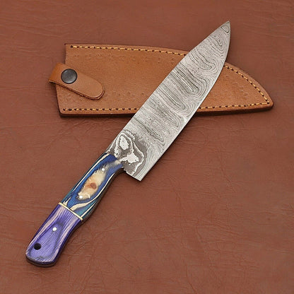 Damascus Steel Kitchen Fillet Knife  Elegant Handmade Chef Knife With Sheath 3