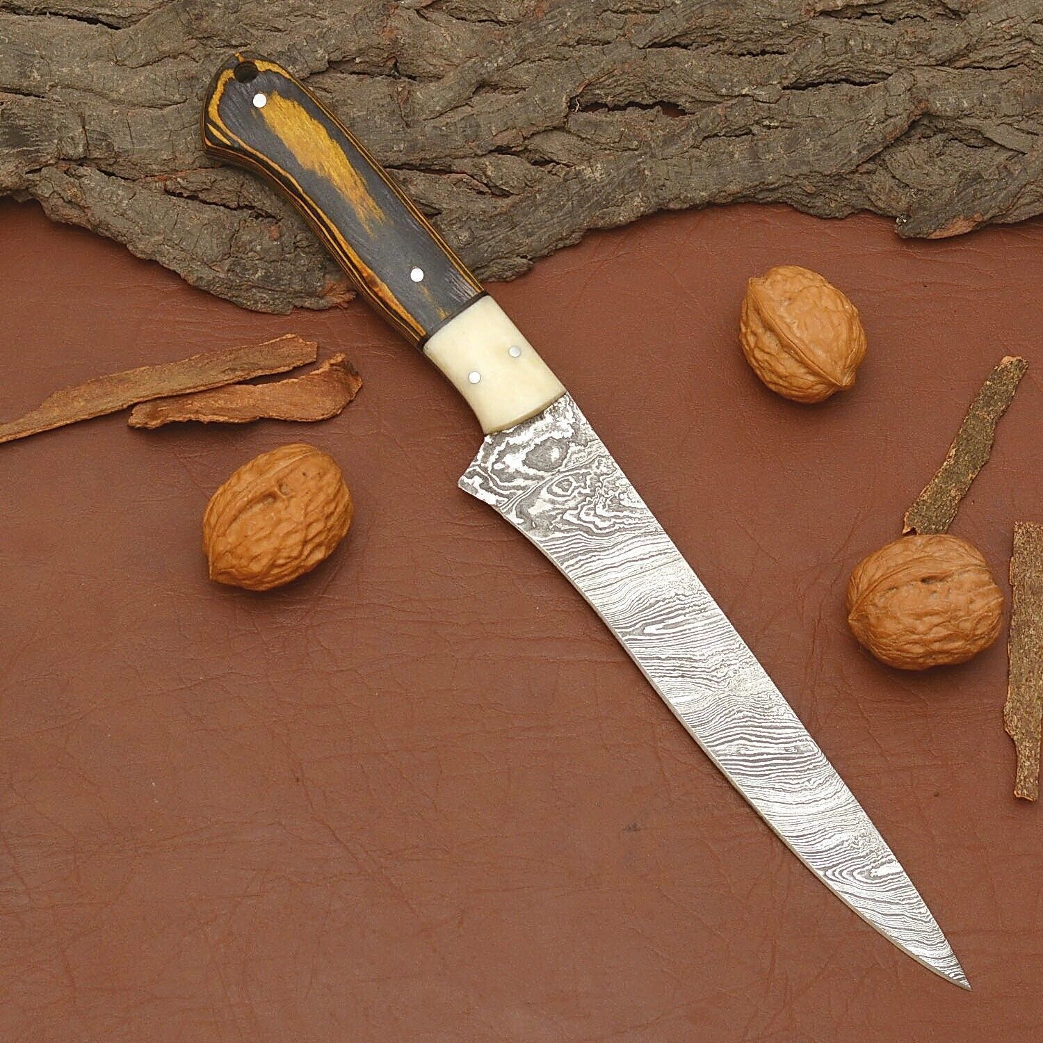 Premium Damascus Fillet Knife  Custom Handmade 12 Blade With Leather Sheath 1