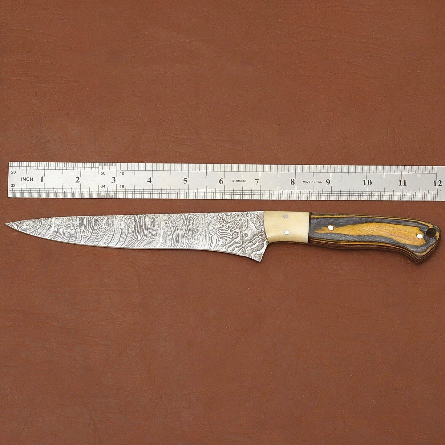 Premium Damascus Fillet Knife  Custom Handmade 12 Blade With Leather Sheath 2