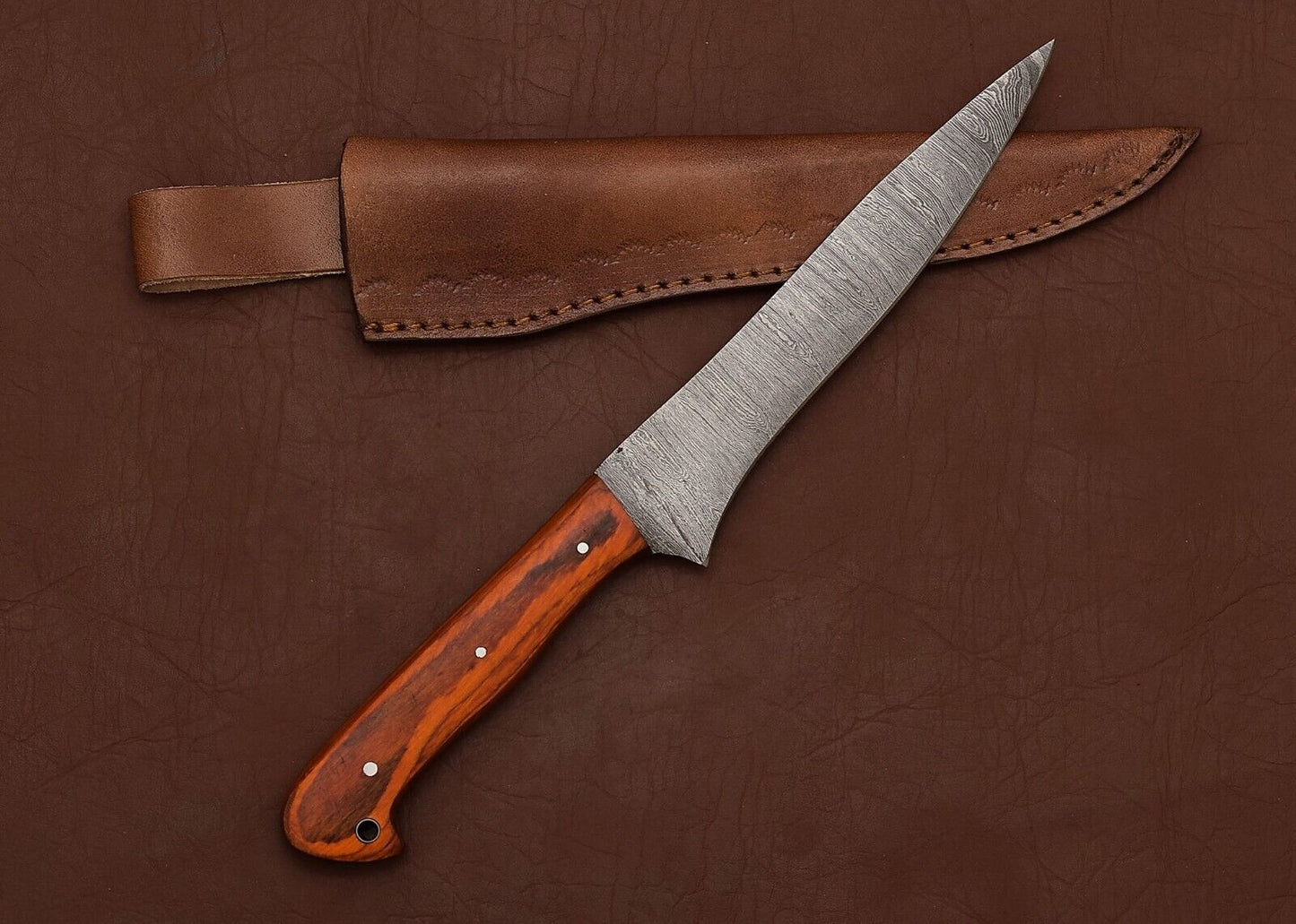 Damascus Elegance  HandForged Chef Fillet Knife With Leather Sheath  Wood Grip 1