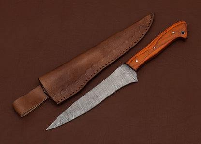 Damascus Elegance  HandForged Chef Fillet Knife With Leather Sheath  Wood Grip 2