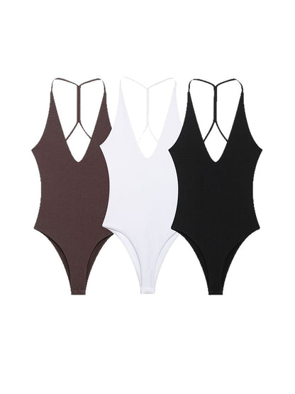 Sexy Backless Bodysuit, Chic V Neck Sling Top, Slim Fit Summer Body Suits for Women, High Street Fashion