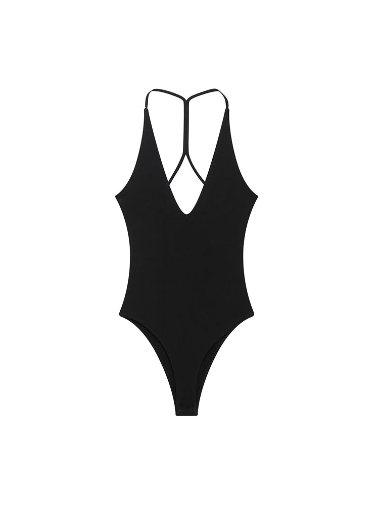 Sexy Backless Bodysuit, Chic V Neck Sling Top, Slim Fit Summer Body Suits for Women, High Street Fashion