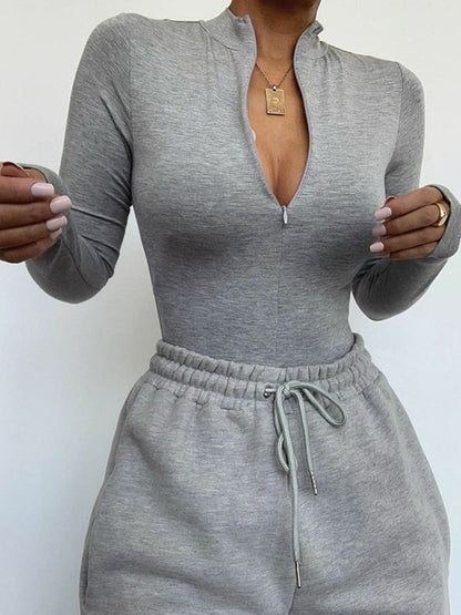 Women's Solid Gray Bodysuit, Long Sleeve Mock Neck, Sexy Bodycon Basic, Autumn Winter Fashion Outfits