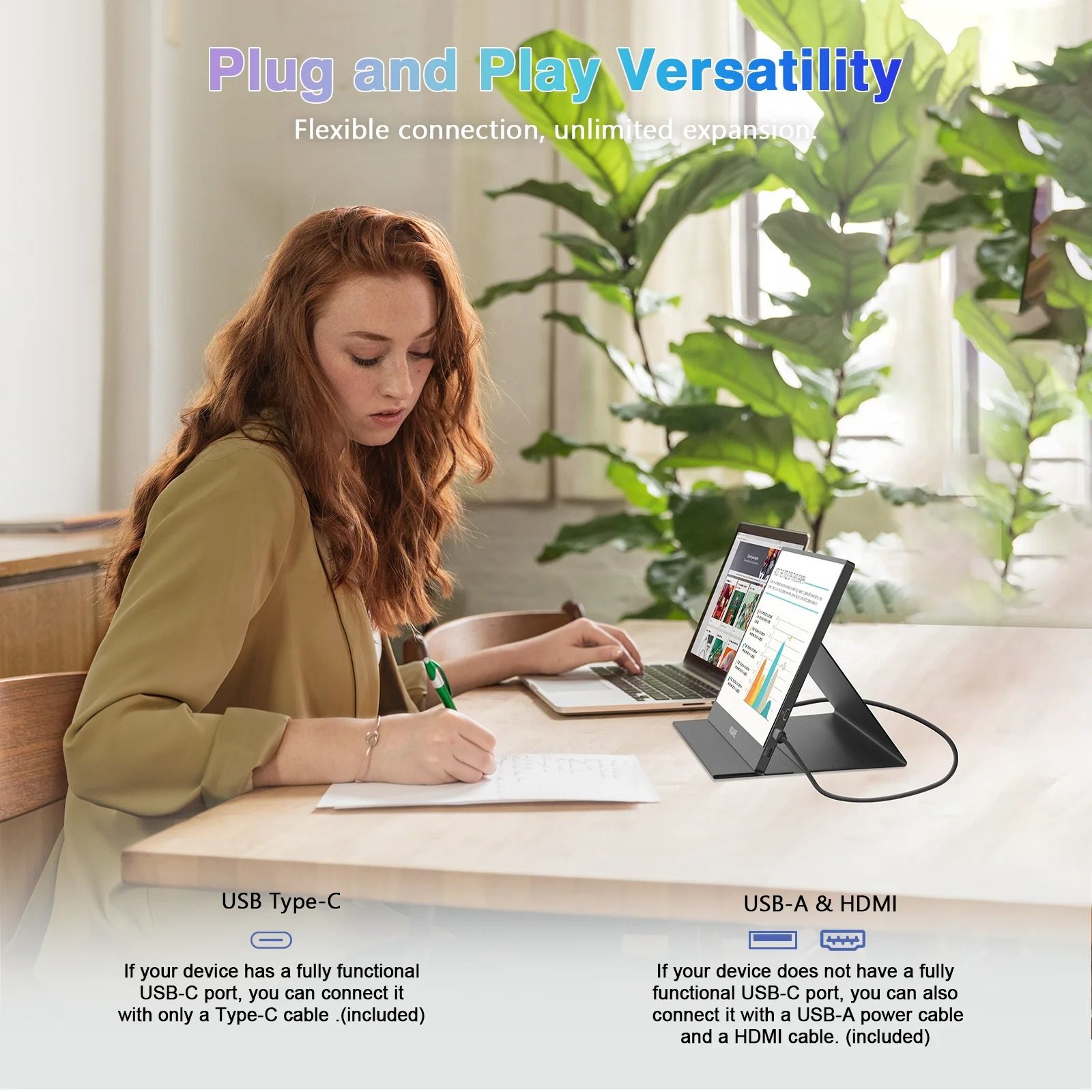 WUAWE 14 Inch Portable Monitor USB C HDMI Travel Display 2
