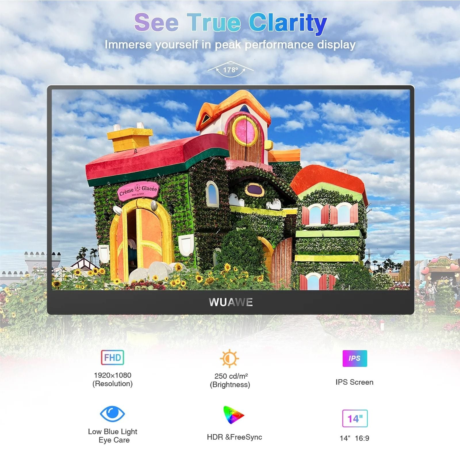 WUAWE 14 Inch Portable Monitor USB C HDMI Travel Display 3