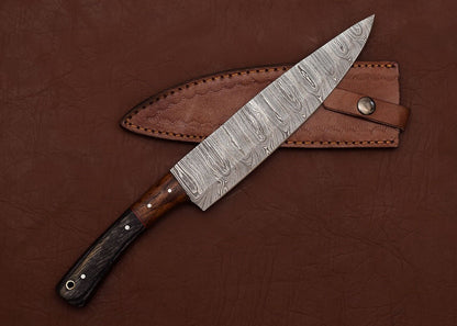 The Culinary Artisan Damascus Knife  Custom Handmade With Leather Sheath 1