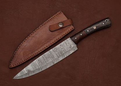 The Culinary Artisan Damascus Knife  Custom Handmade With Leather Sheath 2