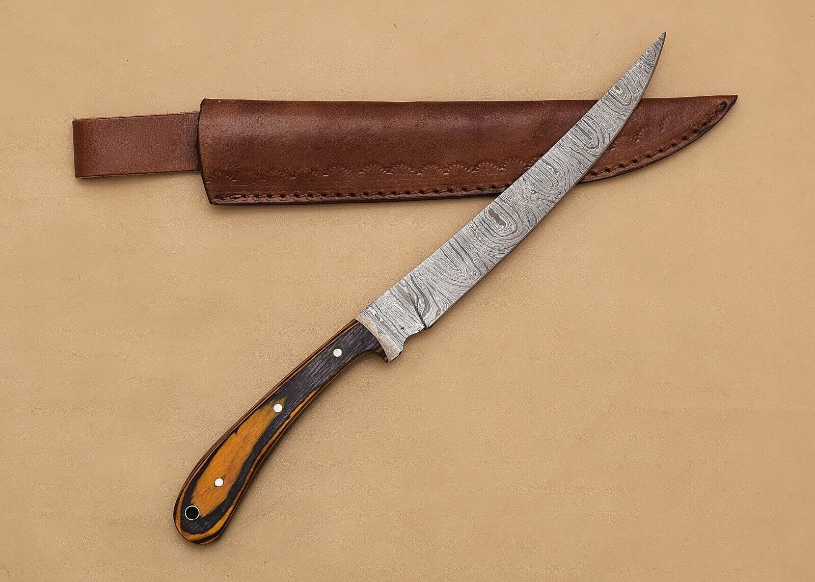 HandForged Damascus Chef Fillet Knife  Exquisite Wood Handle  Leather Sheath 1