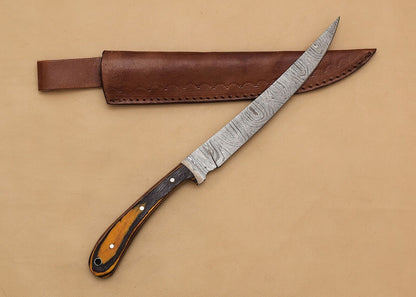 HandForged Damascus Chef Fillet Knife  Exquisite Wood Handle  Leather Sheath 1