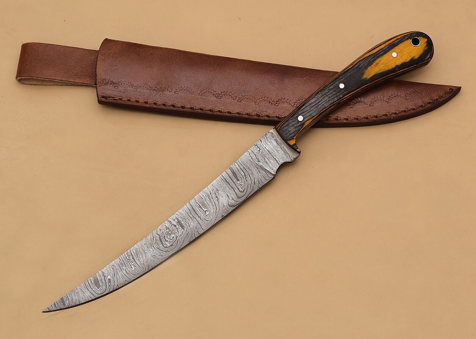 HandForged Damascus Chef Fillet Knife  Exquisite Wood Handle  Leather Sheath 2