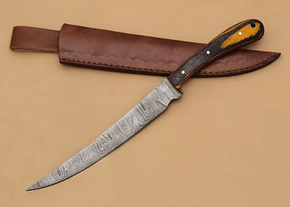 HandForged Damascus Chef Fillet Knife  Exquisite Wood Handle  Leather Sheath 2