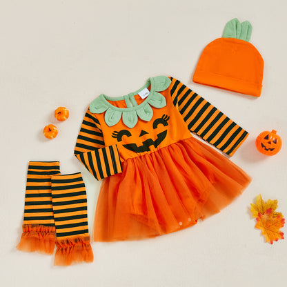 Pumpkin Print Halloween Romper, Newborn Baby Girl Costume, with Hat, Leg Warmers, Long Sleeve Dress