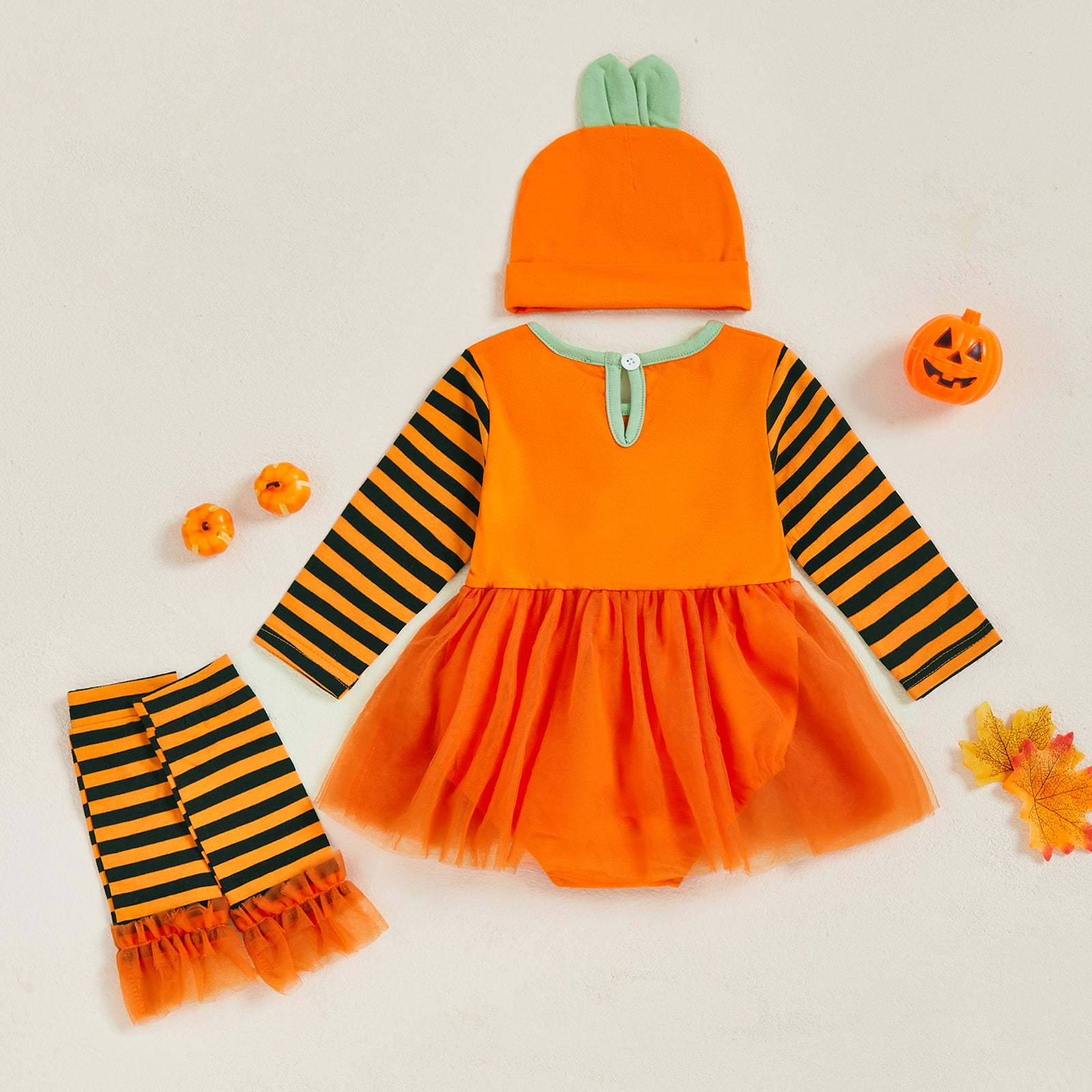 Pumpkin Print Halloween Romper Newborn Baby Girl Costume With Hat Leg Warmers Long Sleeve Dress 2