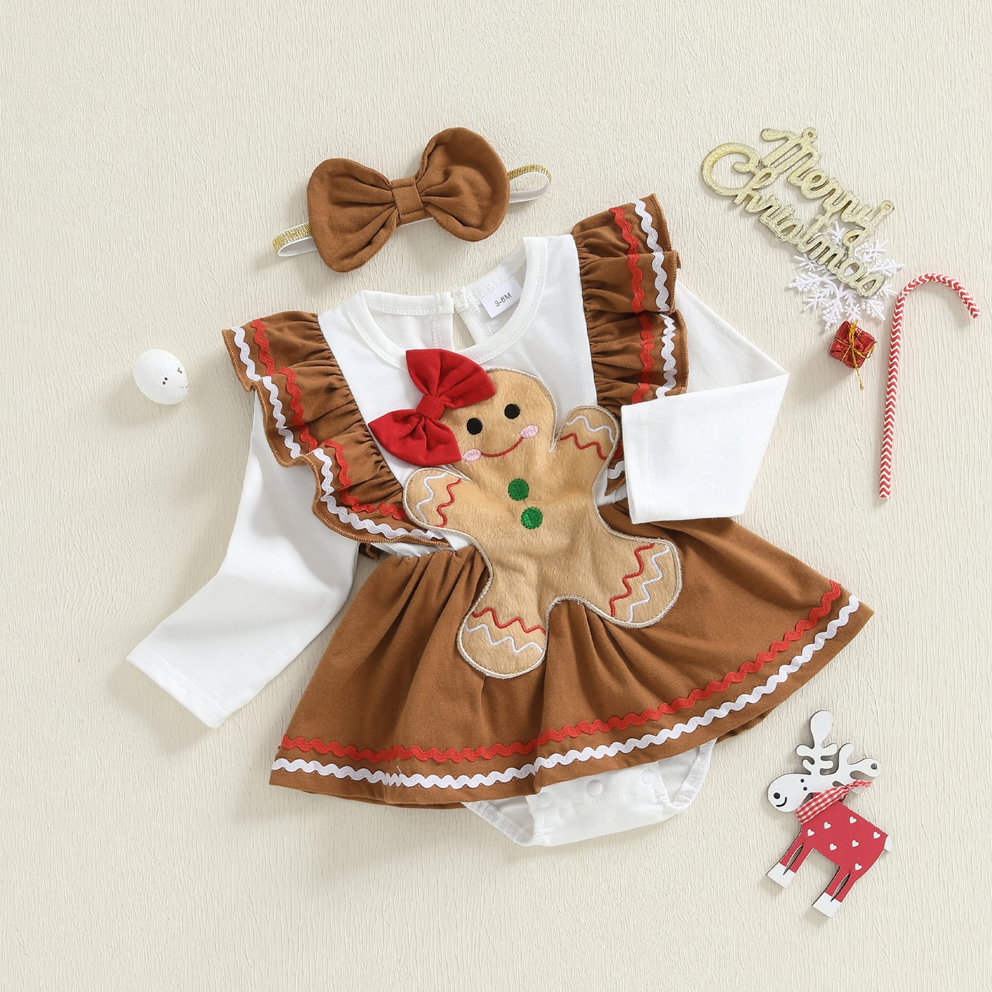 Man Embroidery Romper Set Infant Christmas Outfit Long Sleeve Dress And Bow Headband Newborn Baby G 1