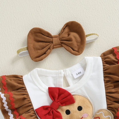Man Embroidery Romper Set Infant Christmas Outfit Long Sleeve Dress And Bow Headband Newborn Baby G 3