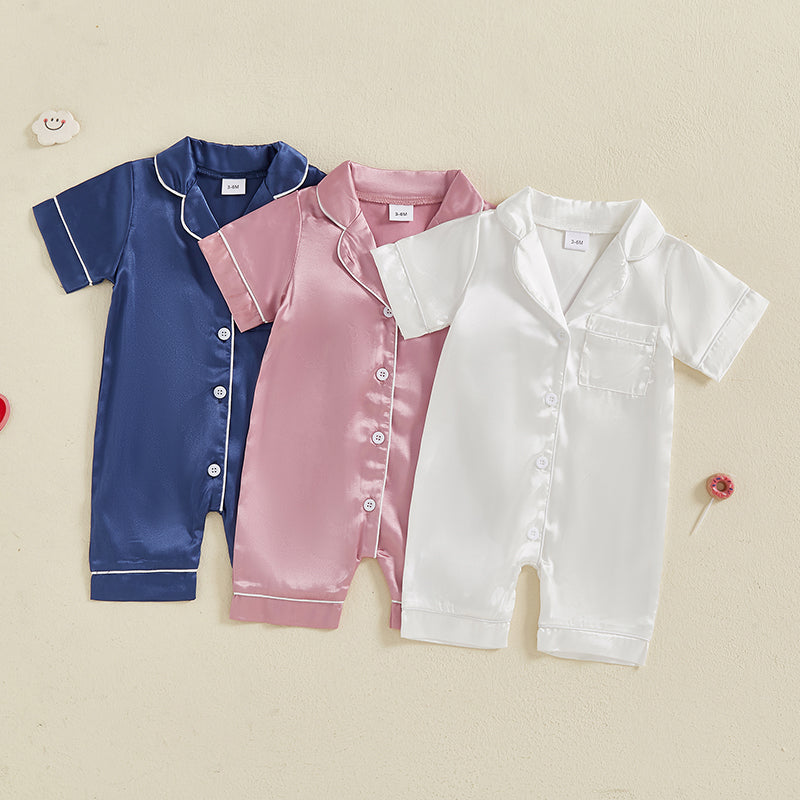 Cute Toddler Sleepwear, Baby Boy Girl Satin Pajama Set, Short Sleeve Button Up Shorts Jumpsuit