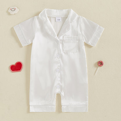 Cute Toddler Sleepwear, Baby Boy Girl Satin Pajama Set, Short Sleeve Button Up Shorts Jumpsuit