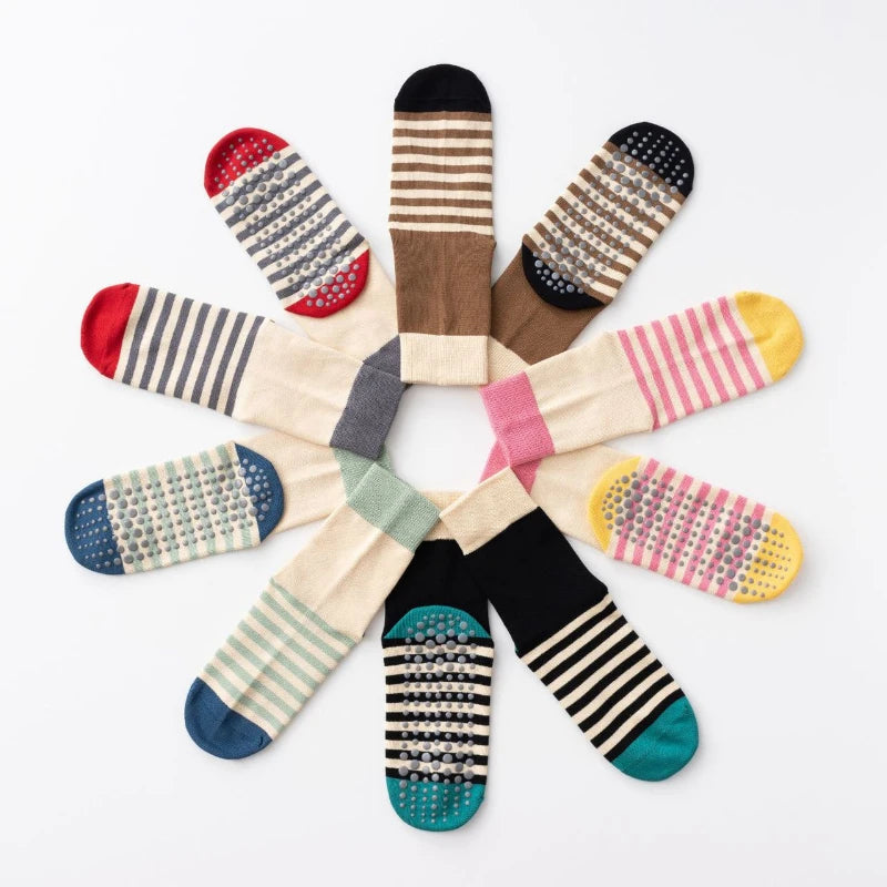 Breathable Striped Cotton Yoga Socks Women, Anti-Slip Pilates, Dance, and Sports Socks for Professional Studio Workouts