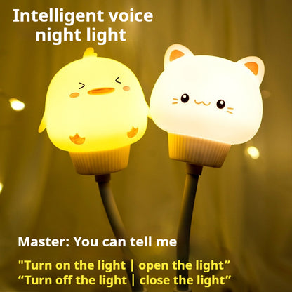 Cute Cartoon Night Lamp, LED Voice Control, Remote Control, Bear and Kitten Design, for Baby Kids Bedroom, Bedside Decor