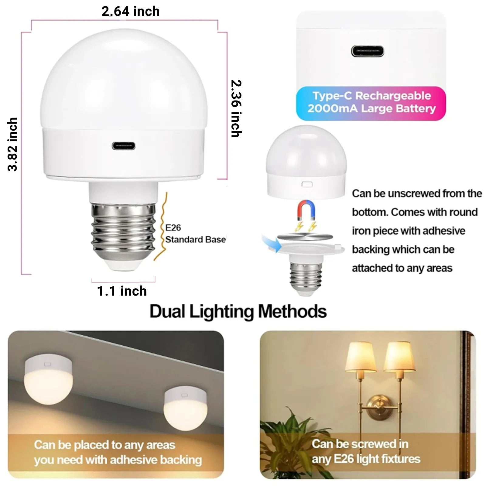 Rechargeable Light Bulbs, Battery Operated with Remote Control, Dimmable Lamp, Adjustable Color Temperatures