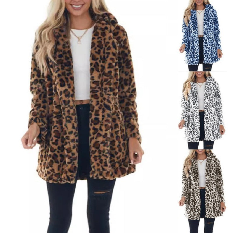 Women's Faux Fur Leopard Jacket, Winter Warm Coat with Pockets, Fashion Streetwear Turn Down Collar Overcoat