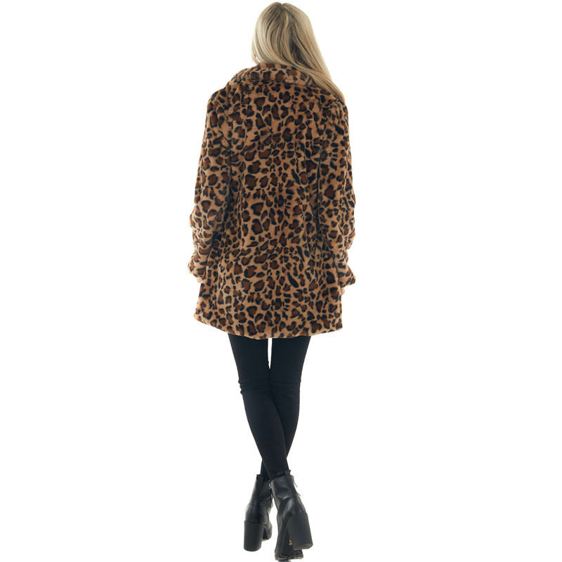 Women's Faux Fur Leopard Jacket, Winter Warm Coat with Pockets, Fashion Streetwear Turn Down Collar Overcoat