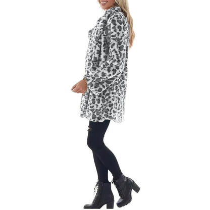 Women's Faux Fur Leopard Jacket, Winter Warm Coat with Pockets, Fashion Streetwear Turn Down Collar Overcoat