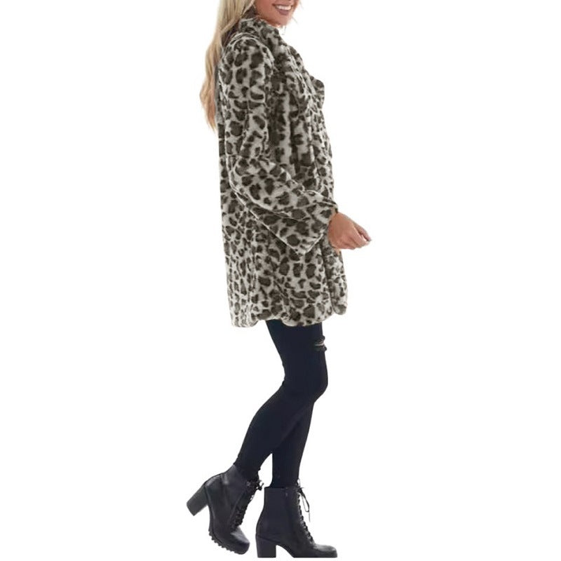 Women's Faux Fur Leopard Jacket, Winter Warm Coat with Pockets, Fashion Streetwear Turn Down Collar Overcoat