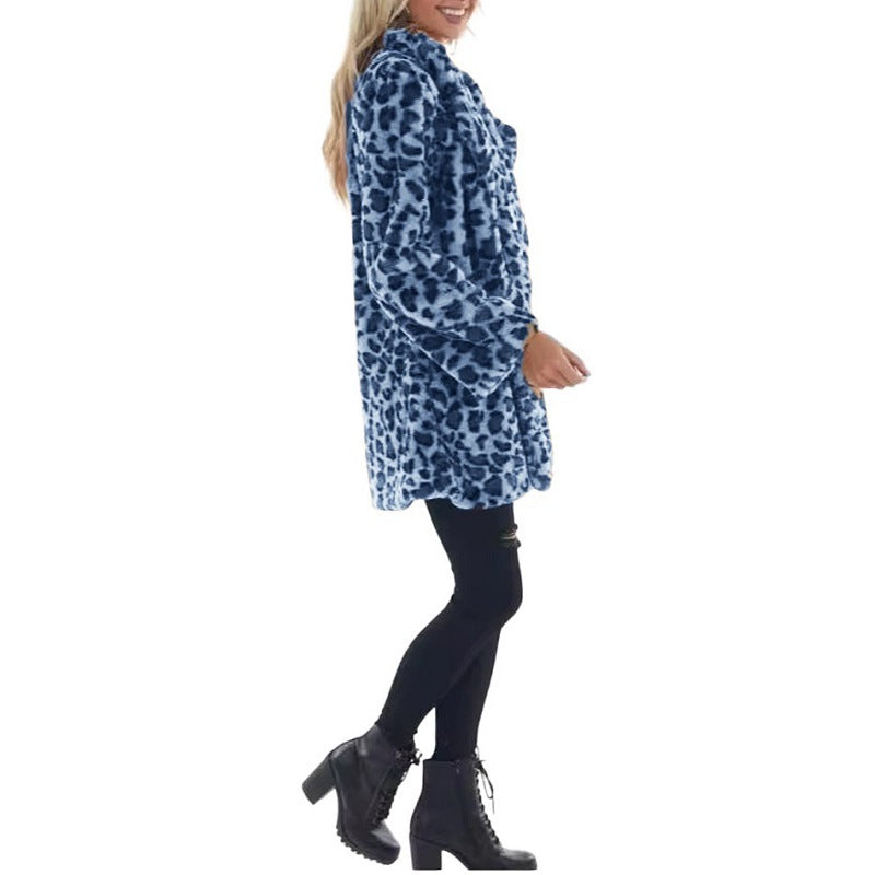 Women's Faux Fur Leopard Jacket, Winter Warm Coat with Pockets, Fashion Streetwear Turn Down Collar Overcoat