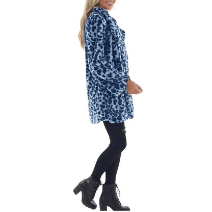Women's Faux Fur Leopard Jacket, Winter Warm Coat with Pockets, Fashion Streetwear Turn Down Collar Overcoat